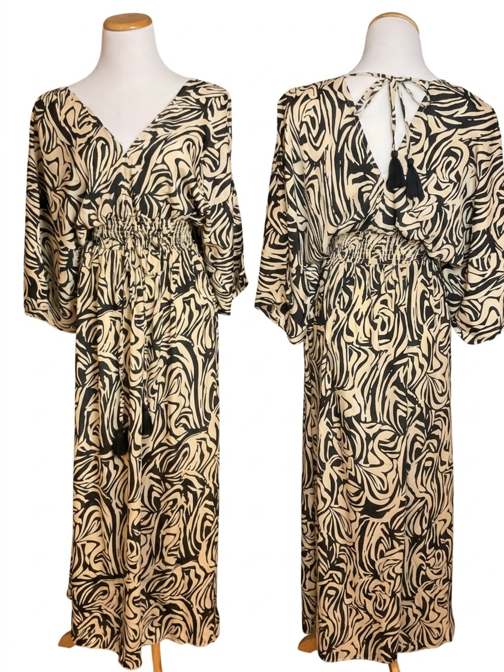 Boutique White Waves Black & Cream Swirl Maxi Dress with Tie Back S/M